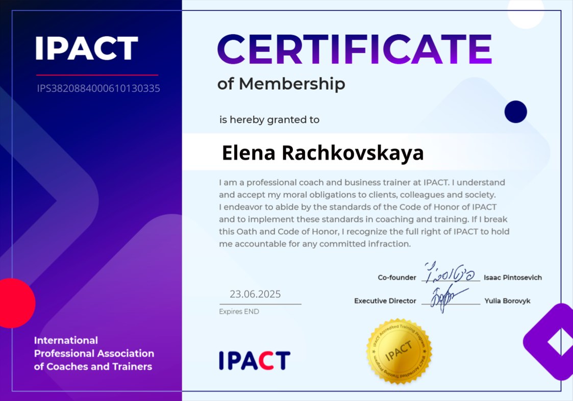 Сертифікат членства в IPACT — Олена Рачковська
